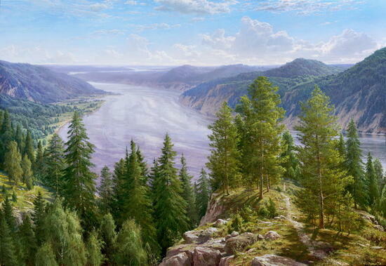 Картина по номерам 40x50 Неимоверный вид на реку с леса на горе