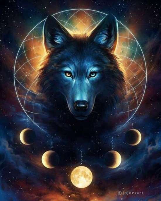 Картина по номерам 40x50 Черный волк и фазы луны