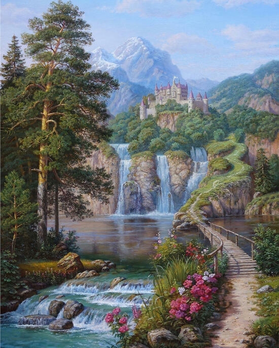 Картина по номерам 40x50 Дорожка к замку вдоль реки