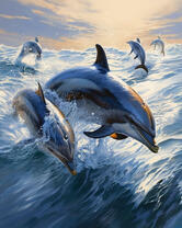 Стайка дельфинов в волнах