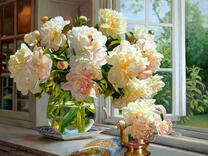 Без бренда «Ваза с букетом белых пионов у окна» в Архангельске 