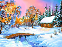 Деревянный домик в заснеженном лесу у ручейка