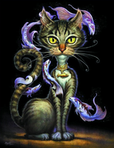 Кошка в окружении фиолетовых рыбок