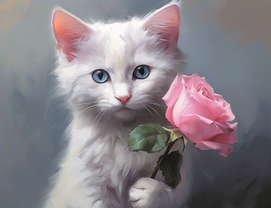 Алмазная мозаика 40x50 Голубоглазый котик с розовой розой