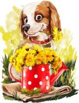 Щенок с одуванчиками и божьей коровкой